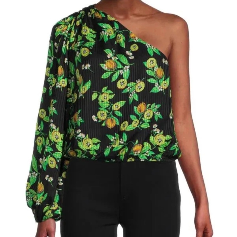 CAMI NYC Lenore silk blend one-shoulder top vibrant kiwi-print black size M